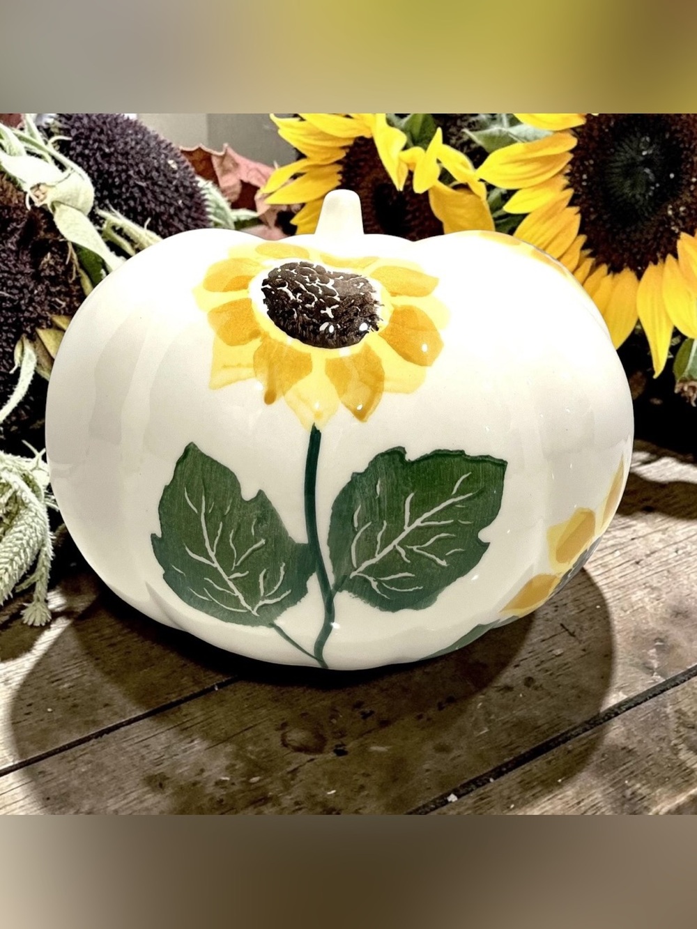 Vintage Farval Portugal Ceramic Pumpkin White  Sunflowers Hand Painted  Decor ￼
